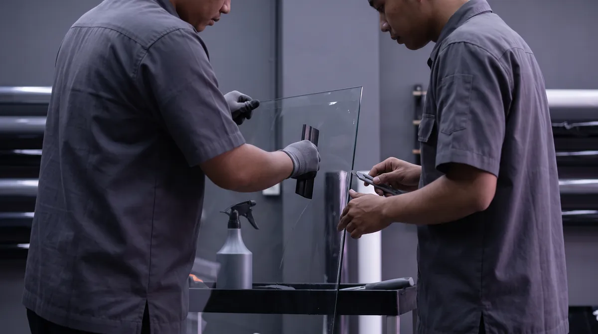Dua teknisi di depan panel kaca tegak di sebuah workshop, satu orang memperagakan tarikan squeegee kepada yang lain