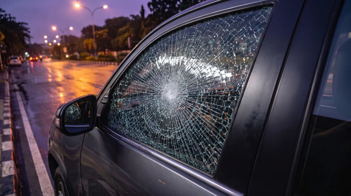 Kaca pintu yang sama pecah menjadi ribuan bagian yang tetap menempel pada film sebagai satu lembar, tetap mengisi rangka pintu, tidak ada apa pun di jalan